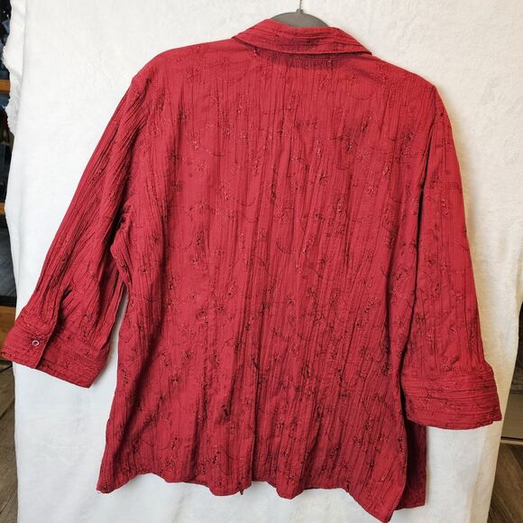 Women's Red Button Up Blouse Boho Hippie Flowy Loose Fit 3/4 Sleeve Embroidered - Picture 6 of 7